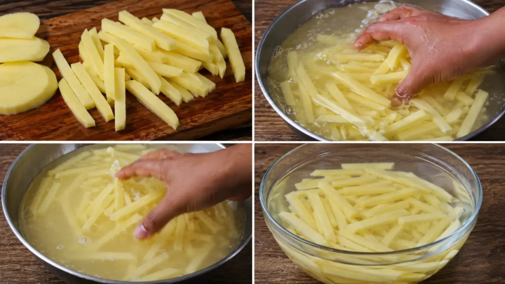 homemade potato strips soaking in water before air frying