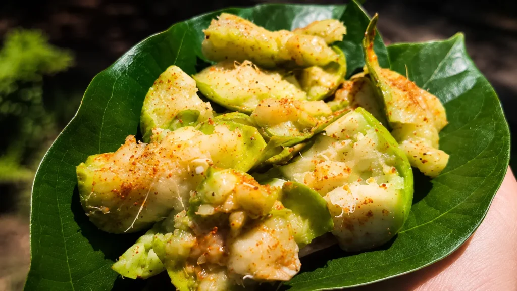 Sri Lankan street style achcharu served on a green leaf