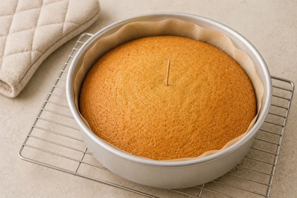 Freshly baked cake cooling in a lined round pan
