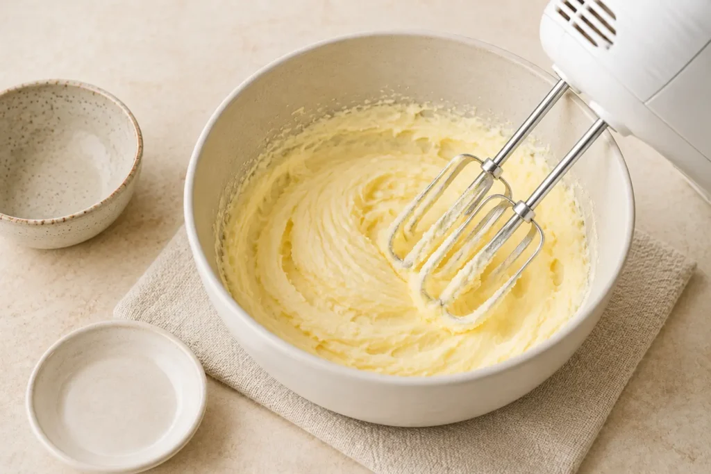 Butter and sugar beaten until pale and fluffy for butterscotch cake
