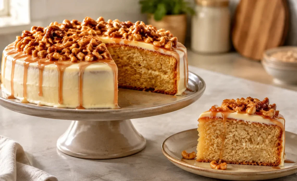 Homemade butterscotch cake topped with caramelized cashew praline and butterscotch sauce, served with one freshly cut slice.