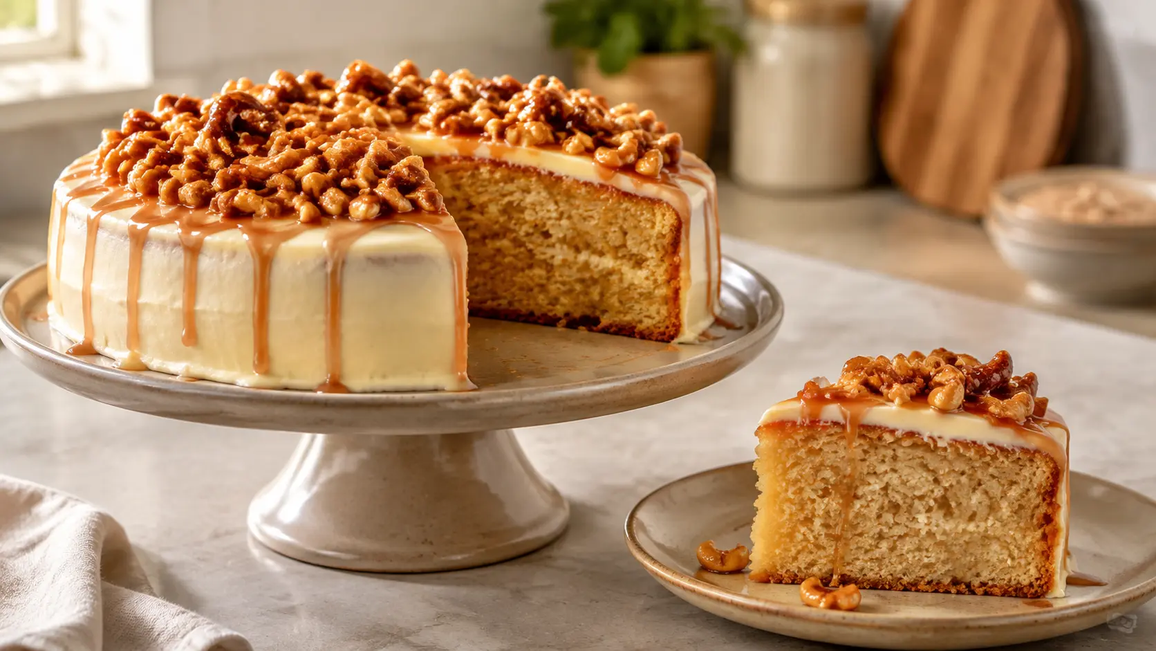 Homemade butterscotch cake topped with caramelized cashew praline and butterscotch sauce, served with one freshly cut slice.