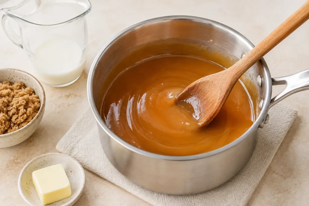 Homemade butterscotch sauce thickening in a saucepan