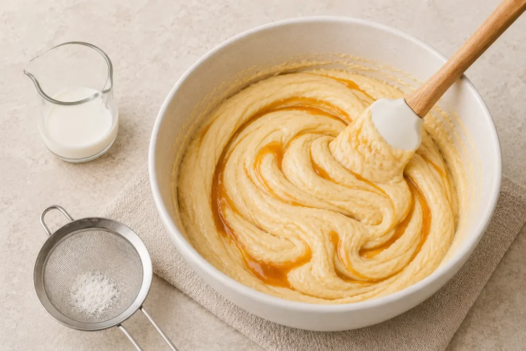 sauce being folded into smooth cake batter